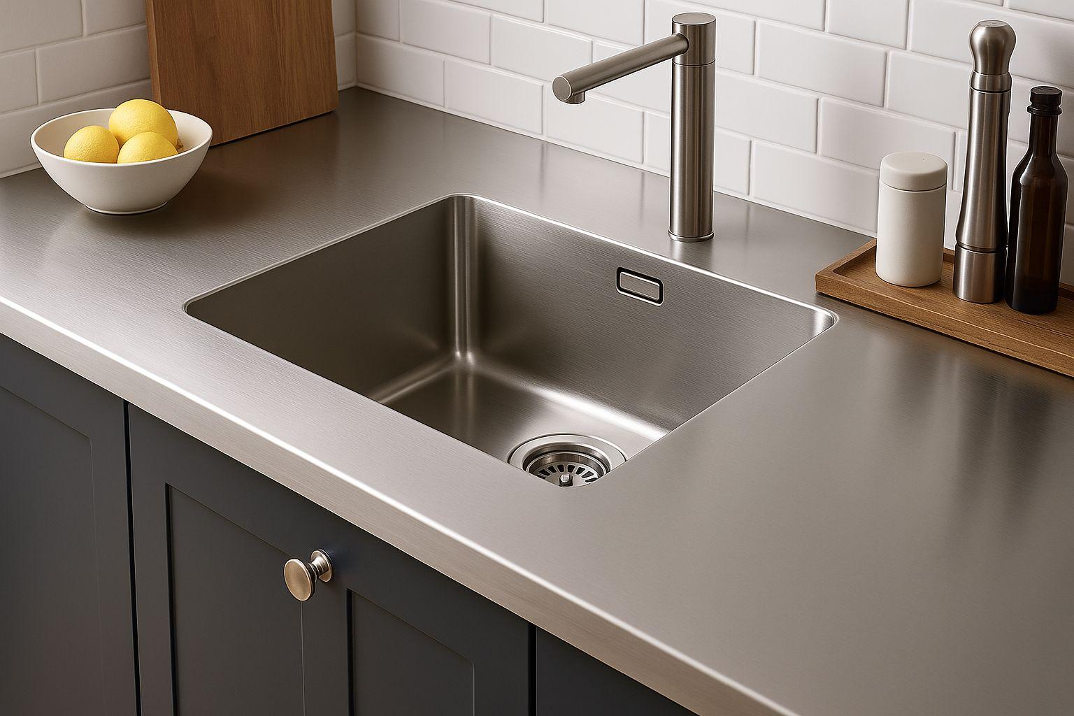 Nahaufnahme einer Edelstahl-Arbeitsplatte in moderner Küche mit klaren Linien und reflektierender Oberfläche.