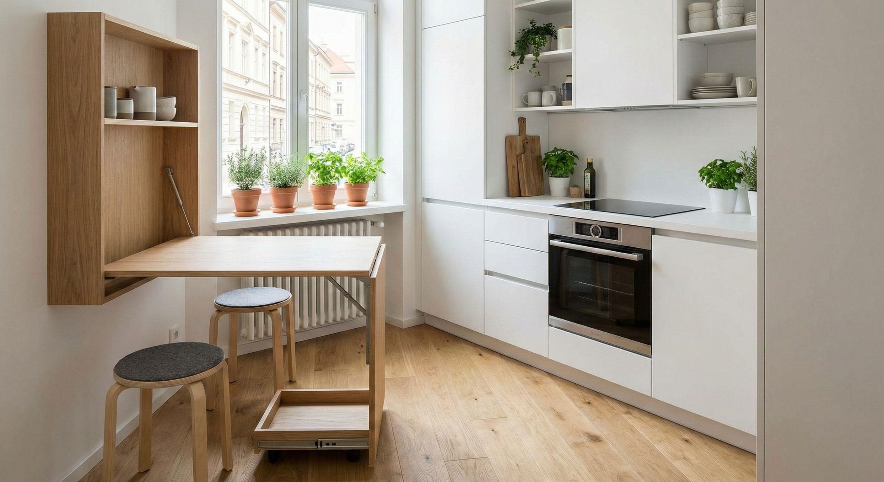 Kleine helle Küche mit weißer Einbauküche, integriertem Backofen, klappbarem Holztisch an der Wand und zwei Hockern vor einem Fenster mit Pflanzen auf der Fensterbank.