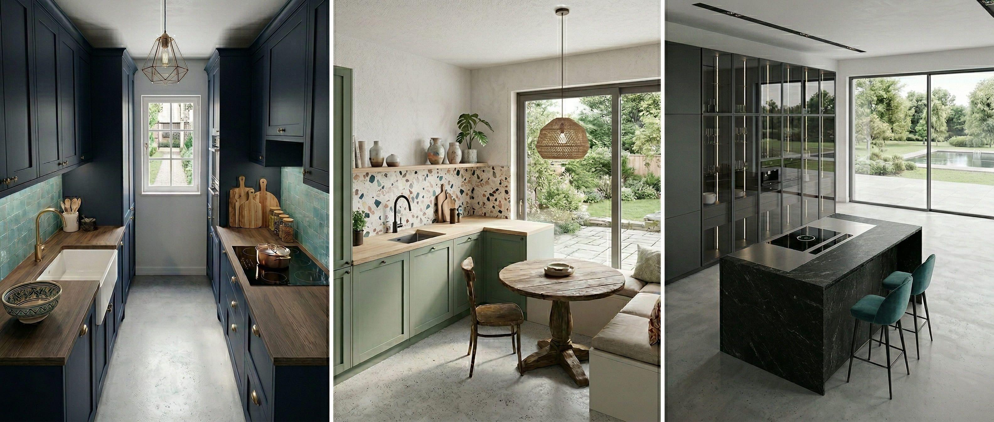 Drei Küchenräume mit unterschiedlichen Küchenformen: eine schmale U-förmige Küche mit dunklen Schränken, eine helle L-förmige Küche mit Esstisch und Stühlen, eine moderne Küche mit großer Insel und Barhockern vor bodentiefen Fenstern.